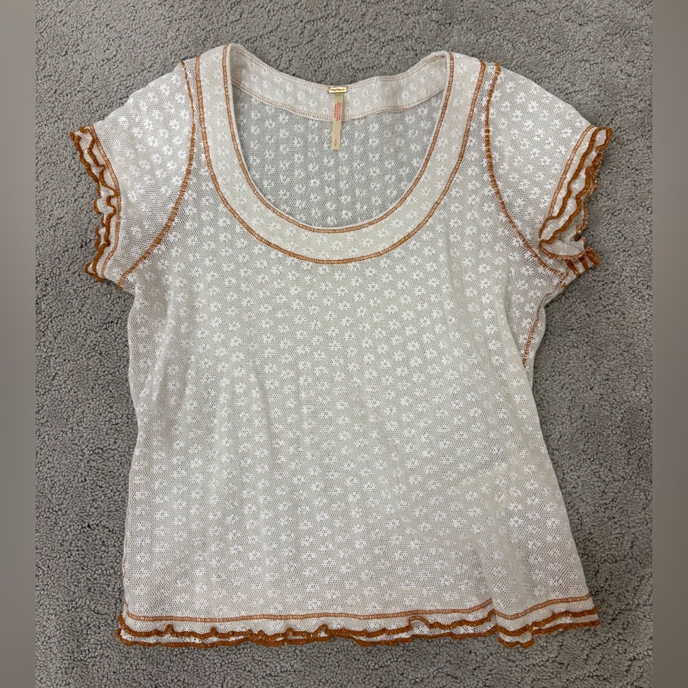 Free People: Sheer White and Burnt Orange Women's Blouse